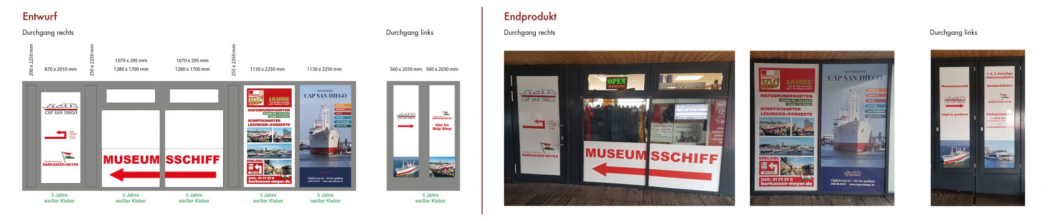 Entwurf von Aussenwerbung verglichen mit dem Endprodukt - Barkassen Meyer Aussenwerbung